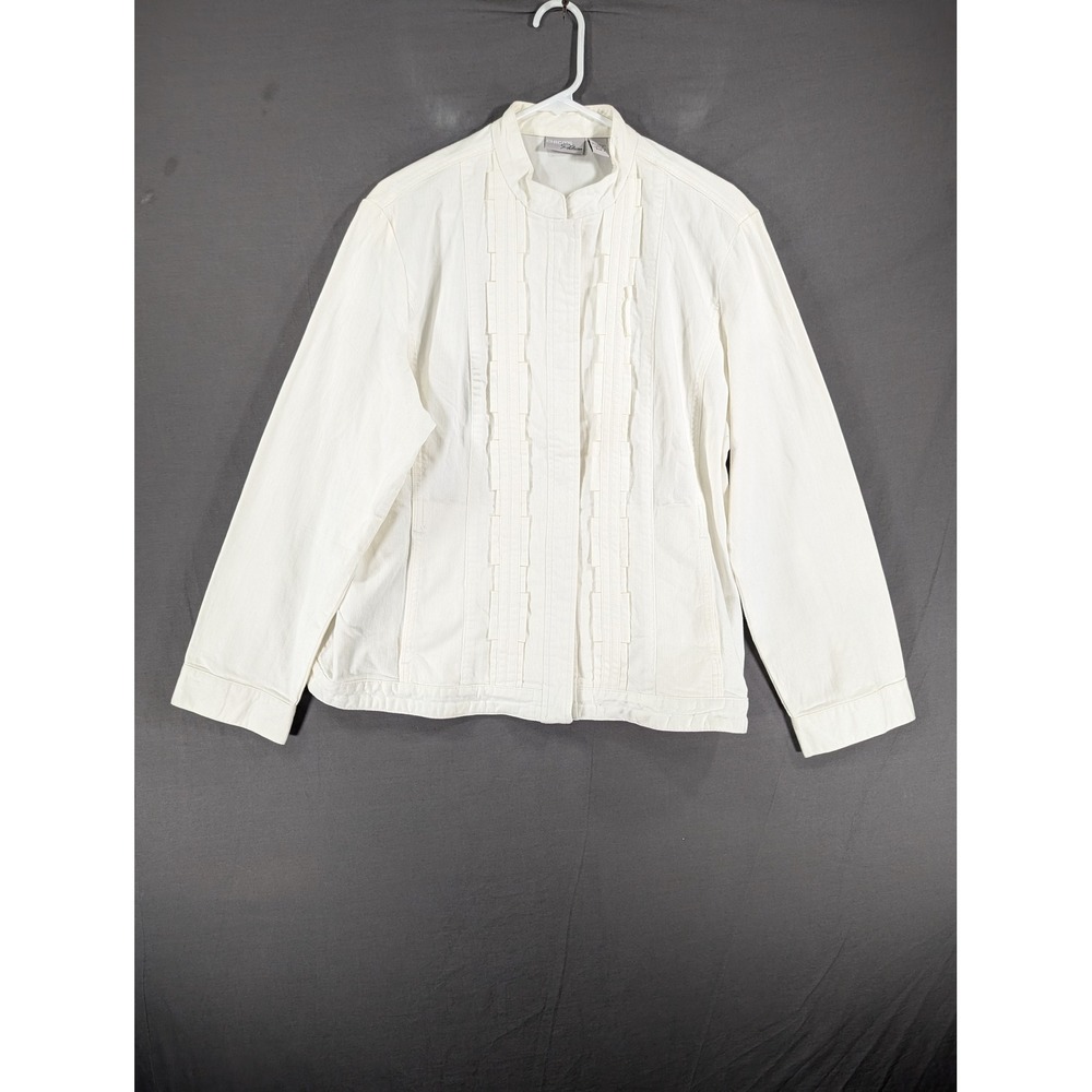 Chicos Platinum White Denim Jacket Ruffle Front Snap Button Size 3 Large